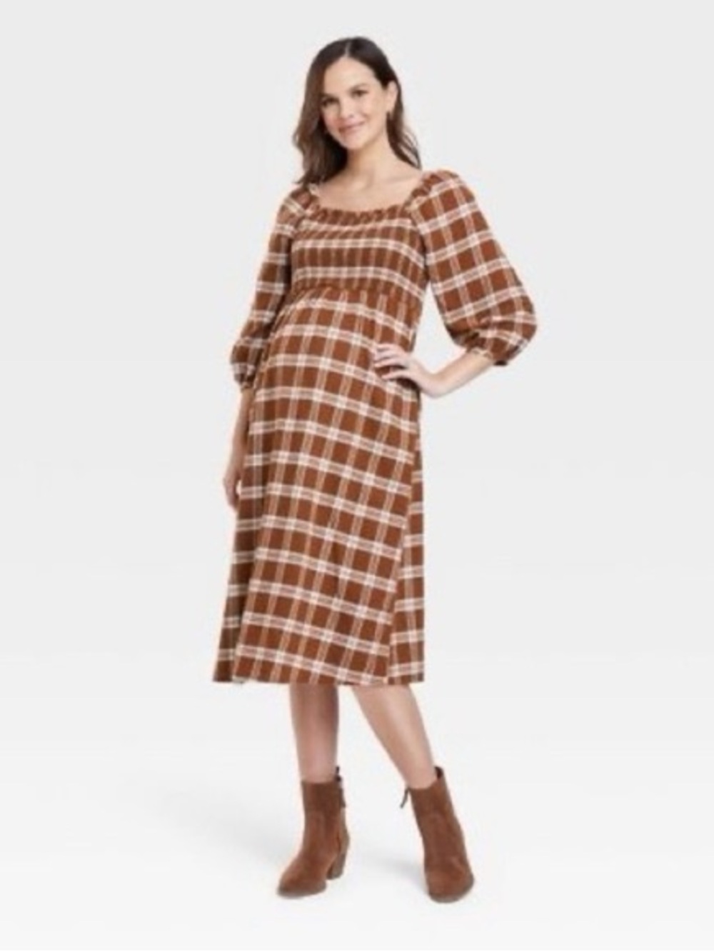 Ingrid & Isabel Brown Maternity Dress Plaid Smocked Midi Dress Balloon Sleeve